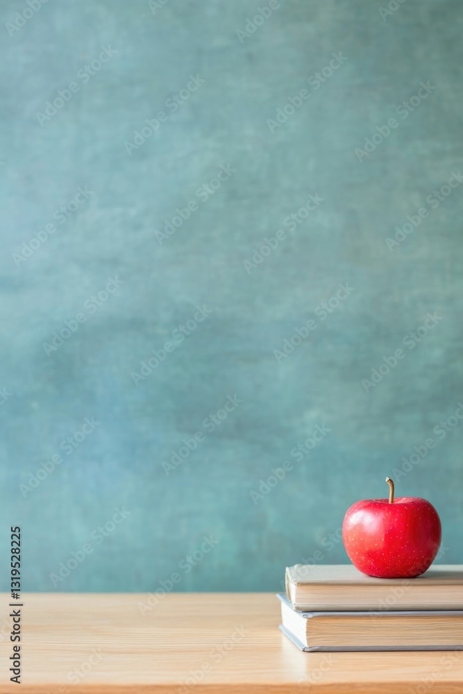 Poster warmly lit classroom scene with empty chalkboard on one side wooden teacher desk neatly organized wi