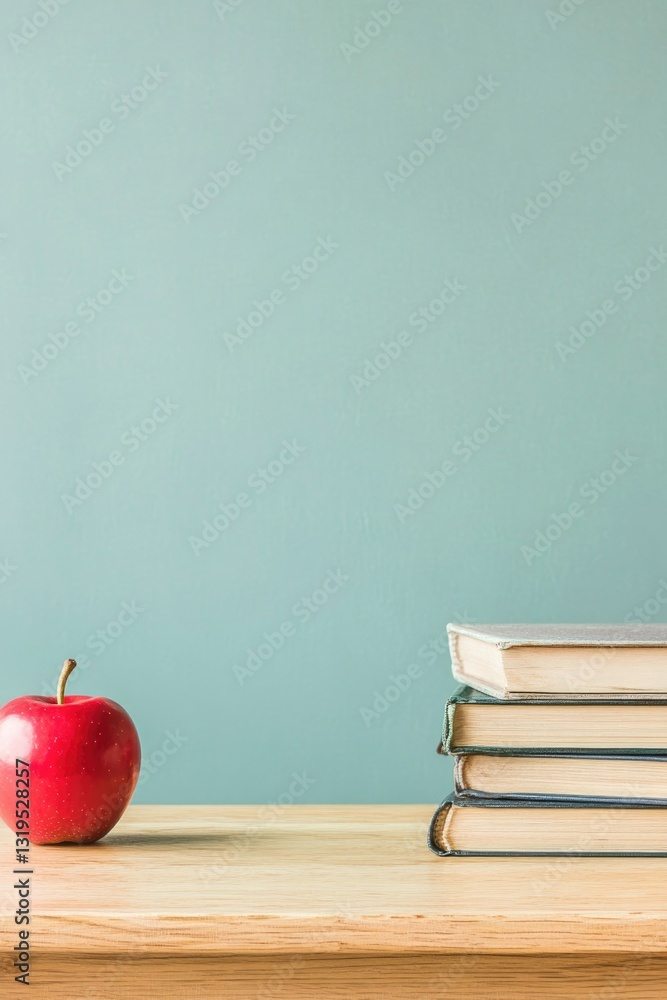 Poster warmly lit classroom scene with empty chalkboard on one side wooden teacher desk neatly organized wi