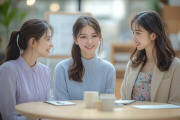 Fototapeta premium Close-Up of Three Confident Young Office Ladies in Candid Conversation Around Polished Light Oak Meeting Table with Steaming Coffee and Cozy Office Background