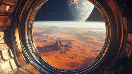 View of Mars from a transparent space capsule window, highly detailed red planet landscape