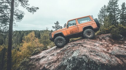 Obraz premium Off-Road Adventure with Orange Vehicle on Rocky Landscape