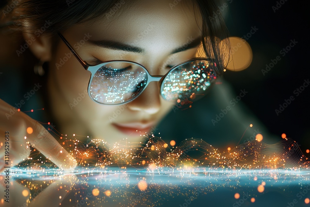 Aufkleber automation in account budgeting. a person interacts with a glowing interface, showcasing creativity 