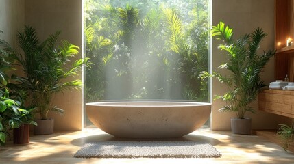 Modern bathroom with a large window overlooking a lush garden.  Tranquil and serene space featuring a stylish concrete bathtub