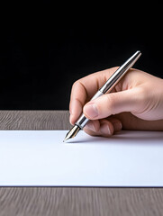 Hand holding fountain pen writing on blank paper