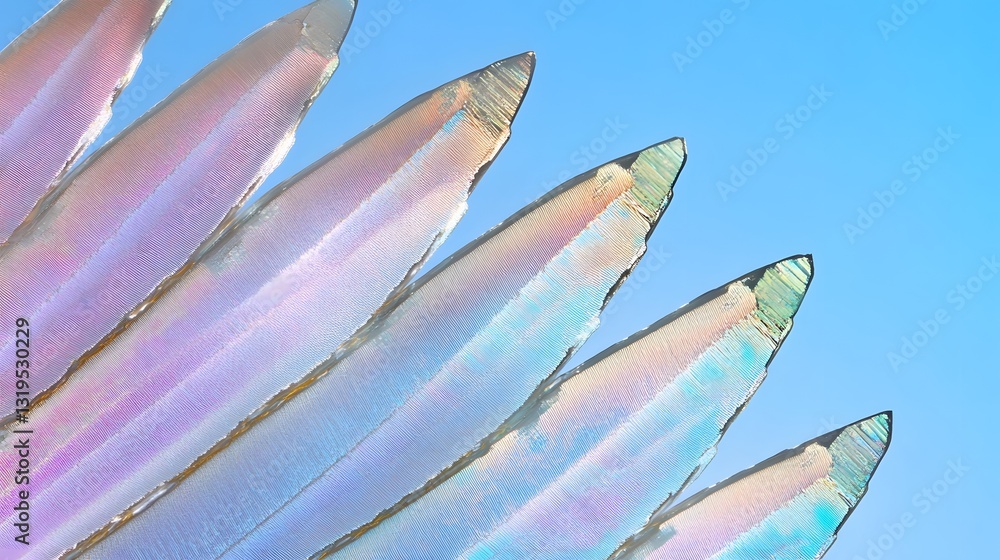 Poster macro photograph shows the angled details of some iridescent structures