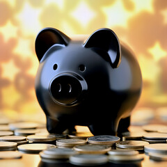Black Ceramic Piggy Bank on Stacks of Coins