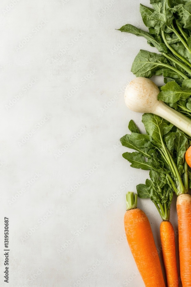 Poster array of fresh colorful vegetables neatly arranged on plain white background with ample copy space