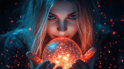 Naklejka premium Young woman holds glowing orb