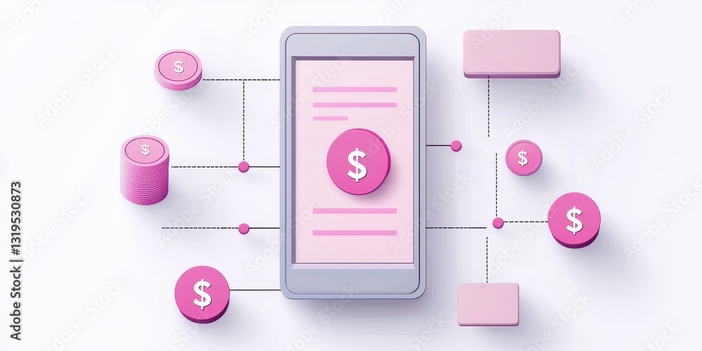 Poster automation in account budgeting. mobile payment concept with pink coins and a smartphone interface.