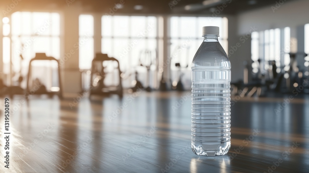 Poster Minimalist transparent water bottle in a modern gym setting with ample empty space for motivational text and clean design