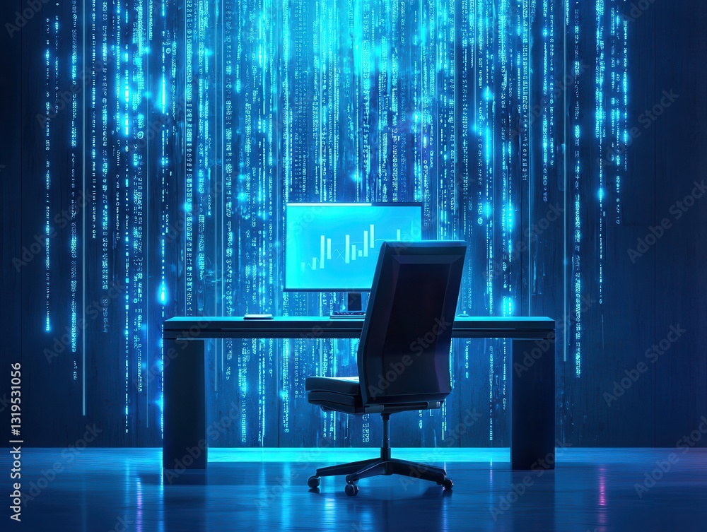Poster automation in account budgeting. modern workspace with a glowing blue digital backdrop and sleek des