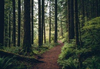 Fototapeta premium Serene forest path surrounded by tall trees and lush green ferns in a tranquil woodland setting with soft natural light