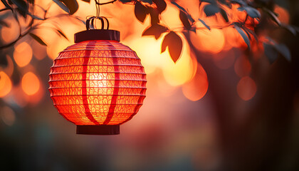 Fototapeta premium Glowing red lantern in serene garden at sunset