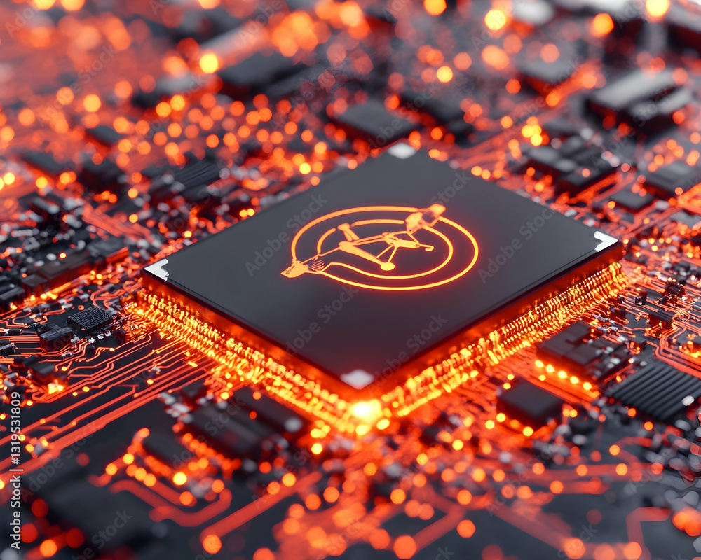 Poster high-tech circuit board with glowing processor