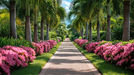 Obraz premium Tropical garden path lined with vibrant pink flowers and lush palm trees