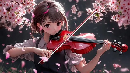 Anime girl playing violin under blossoming cherry tree; serene springtime scene, digital art. lofi playlist animationbackground  concept