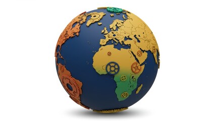 Colorful 3D globe with gears showing continents and countries Represents globalization, technology, and sustainability