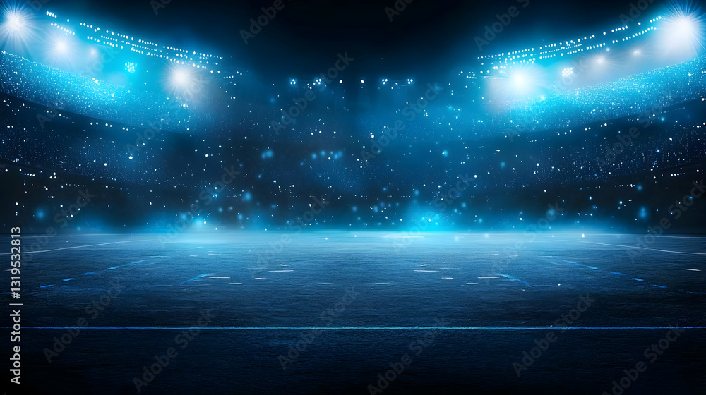 Poster illuminated empty stage with blue spotlights and sparkling glitter in dark background dramatic light