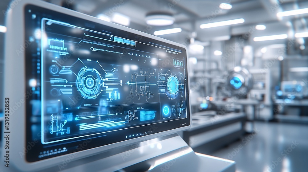 Poster futuristic industrial control interface displayed on a monitor within a high-tech factory