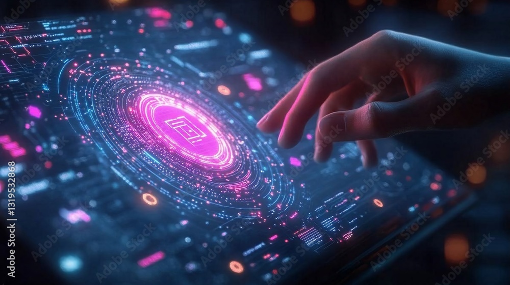 Poster futuristic interface; hand interacts with glowing digital display