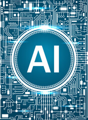 Artificial intelligence technology background in line style. Machine learning design. AI smart network digital technology. Blue futuristic concept vertical banner. Vector hi-tech illustration with