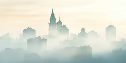 Fototapeta premium City skyline shrouded in morning fog with skyscrapers peeking through the misty atmosphere