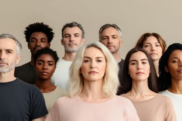 Obraz premium capture diverse group of people facing camera with expressions of hope and resilience standing together against neutral