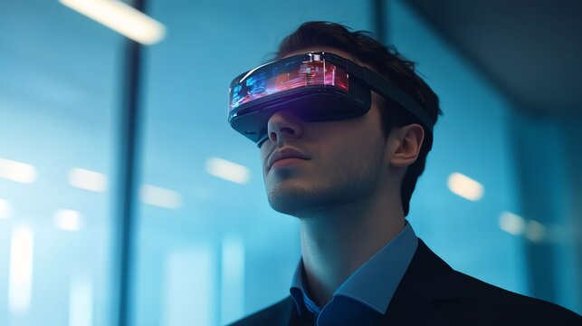 Young professional using augmented reality glasses in an office