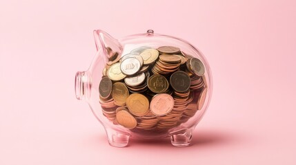 Piggy bank overflowing with coins, savings, investment concept, pink background