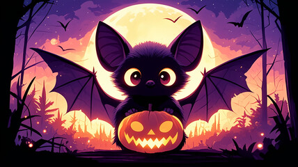 A black cat and a pumpkin. A bat and a pumpkin.