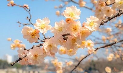 Fototapeta premium Pastel Pink Blossoms on Branch Against Blue Sky
