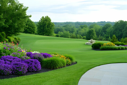 Lush golf course landscaping with fountain and vibrant flowers