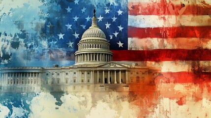 US Capitol building with an American flag backdrop, artistic watercolor effect.