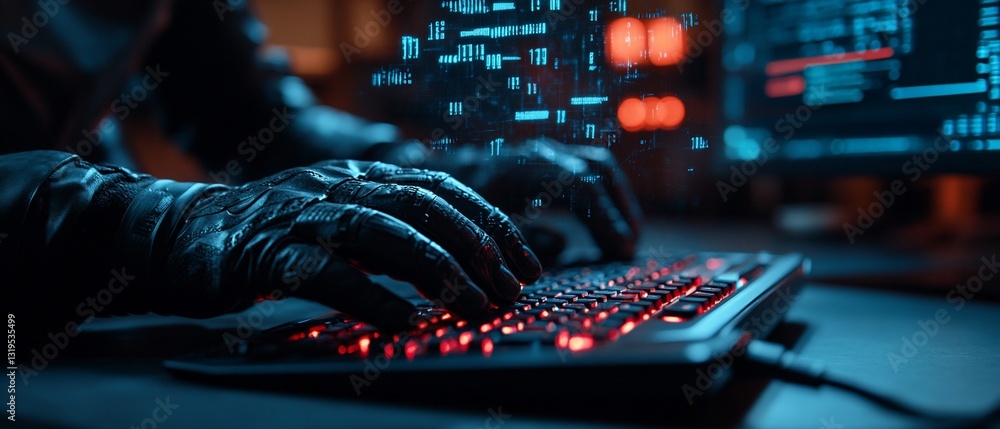 Poster gloved hands swiftly type on illuminated keyboard, digital data streams nearby