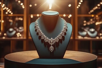 A dazzling diamond necklace displayed on a dark colored mannequin
