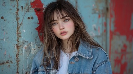 Fototapeta premium Young woman with fringe and denim jacket