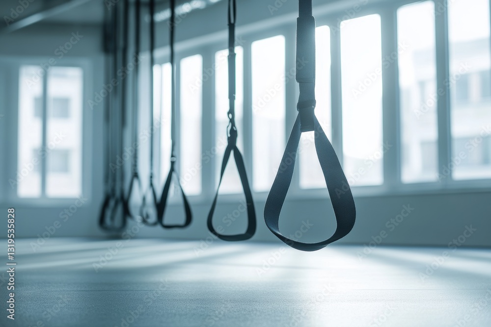 Poster minimal fitness straps create a harmonious balance in a bright exercise room with geometric design e