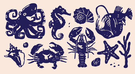 Marine, ocean life. Underwater sea creatures set. Octopus, seahorse, nautilus shell, angler fish, crab, lobster, starfish, coral. Hand drawn modern Vector illustration. Isolated design elements © Dariia