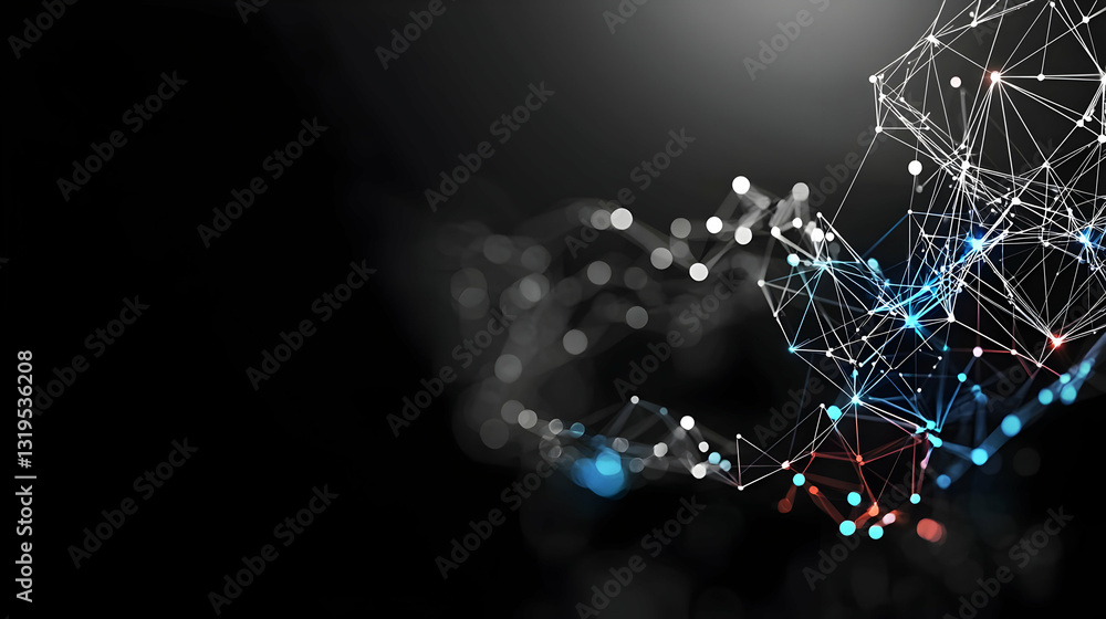 Poster abstract digital network data connection with white blue and red illuminated lines and points on dar