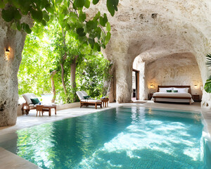 Luxurious cave-like indoor pool with a bedroom. Lush garden views, ideal for relaxation and privacy