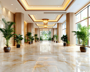 Luxurious hotel lobby with marble floors and lush greenery