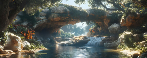 Serene jungle waterfall, tranquil pool. Game background