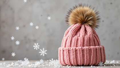 Pink knitted hat with pom-pom against snowy background