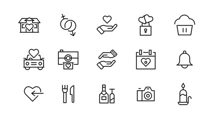 Wedding line icons set collection. Love beauty celebration wedding couple bride marriage flat icon pack. UI flat icons collection. Thin outline icons pack