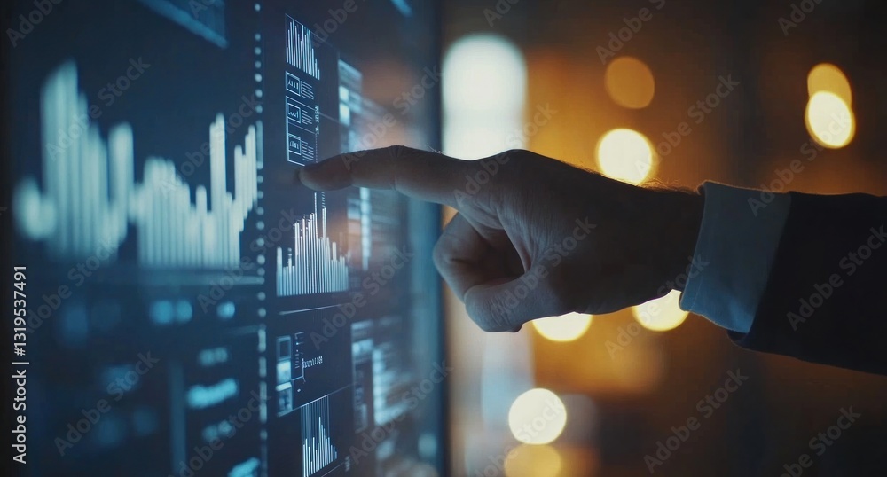 Poster close-up hand interacting with financial data on a large screen.