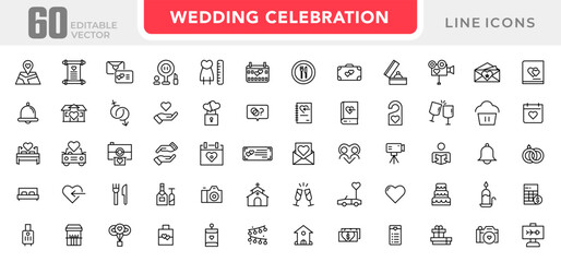 Wedding line icons set collection. Love beauty celebration wedding couple bride marriage flat icon pack. UI flat icons collection. Thin outline icons pack