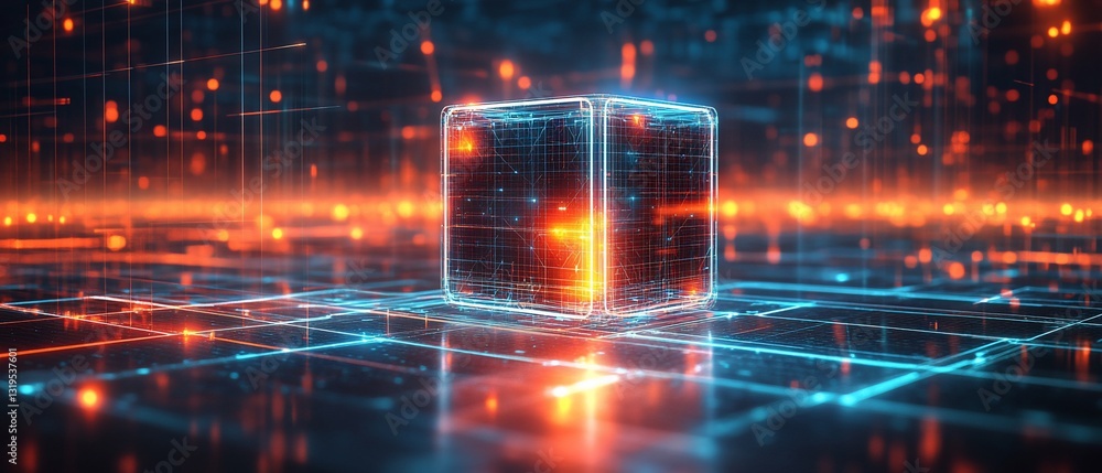 Poster glowing cube, digital data network
