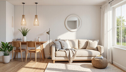 Fototapeta premium Cozy living room with natural light and modern furnishings