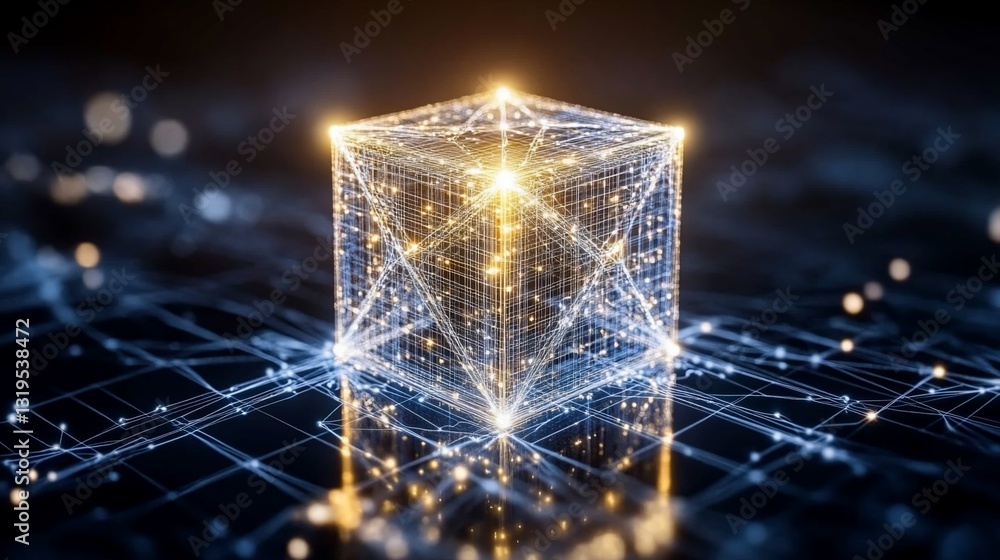 Poster glowing cube with interconnected lines, reflecting on a dark surface, symbolizing digital network