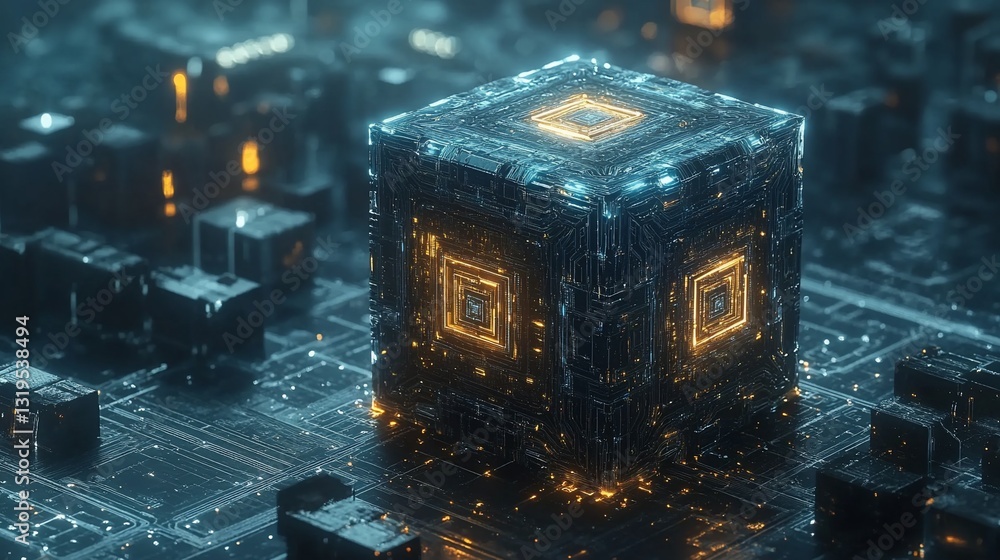 Poster glowing cube on intricate circuit board